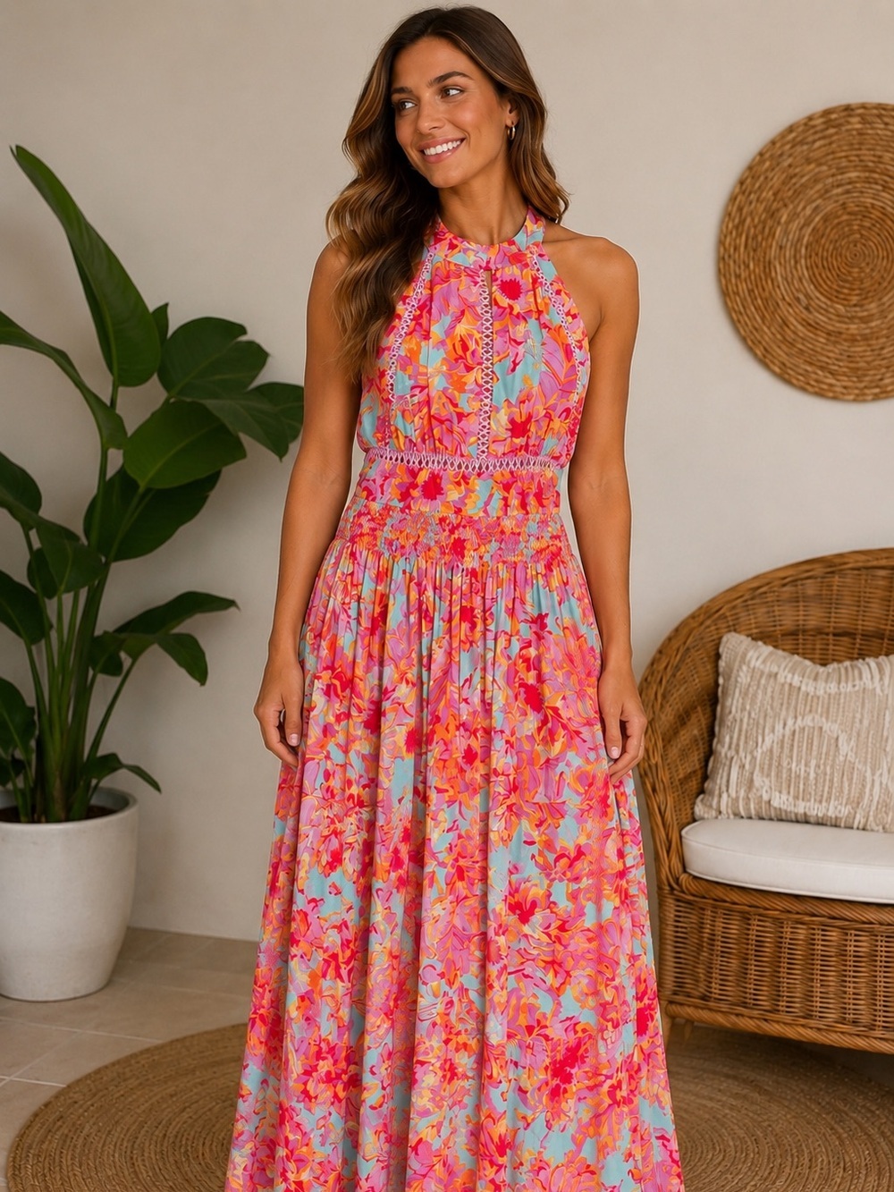 Abel The Label Floral Halter Maxi Dress Large Smocked Waist Boho Tropical Summer